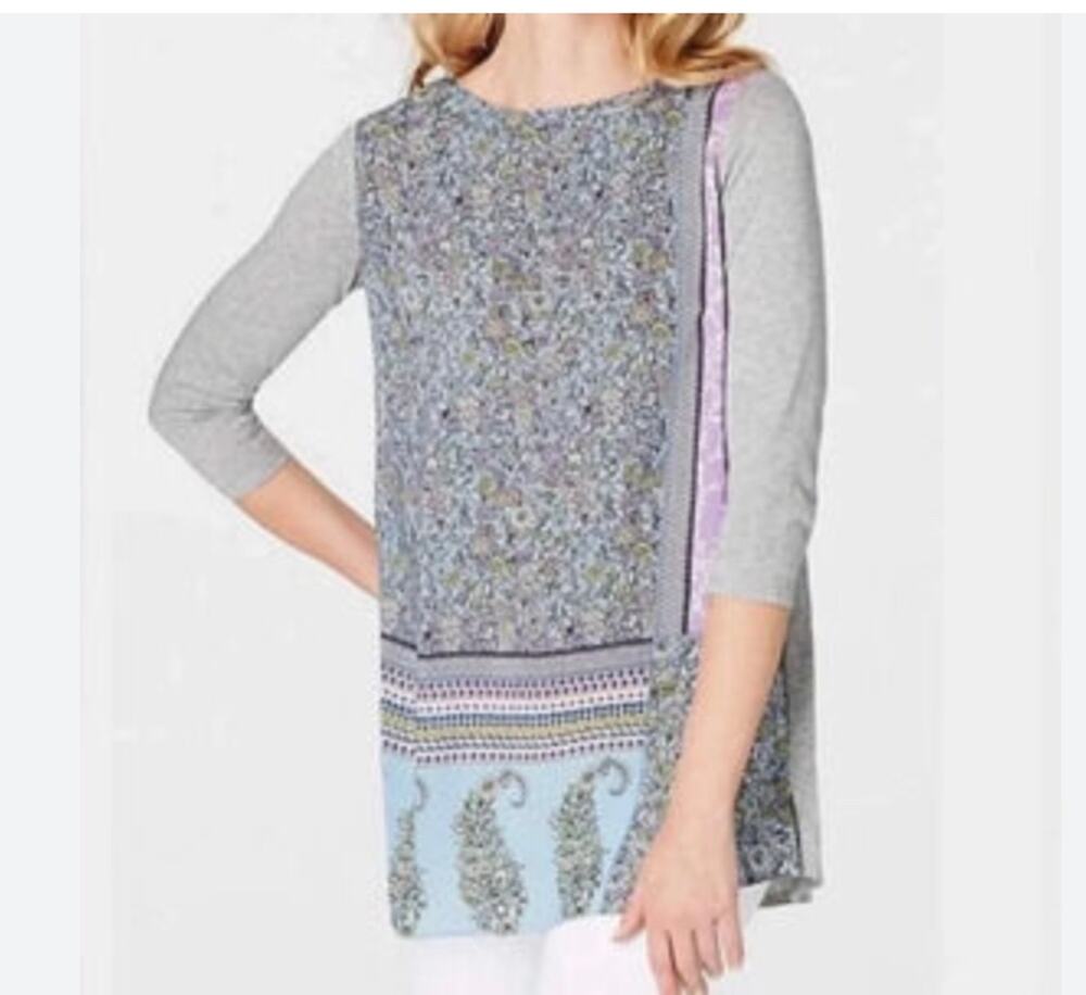 J.Jill Womens Petite M Gray Purple Floral 3/4 Sleeve Soft Boho Lightweight Top